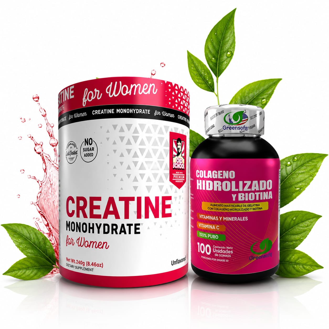Creatina Monohidratada for Women 240 g y Colágeno Hidrolizado con Biotina 100 unidades